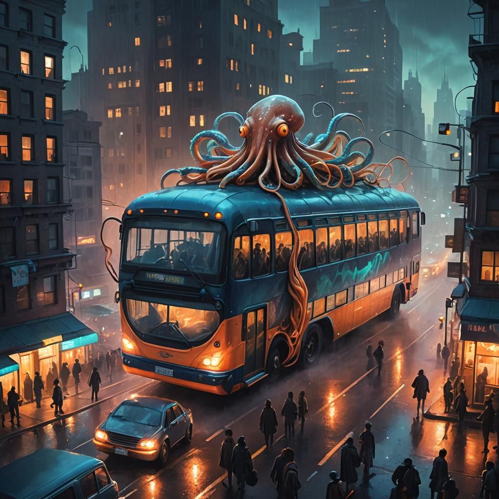 Bioluminescent Squid Rides a Bus: Concept Art