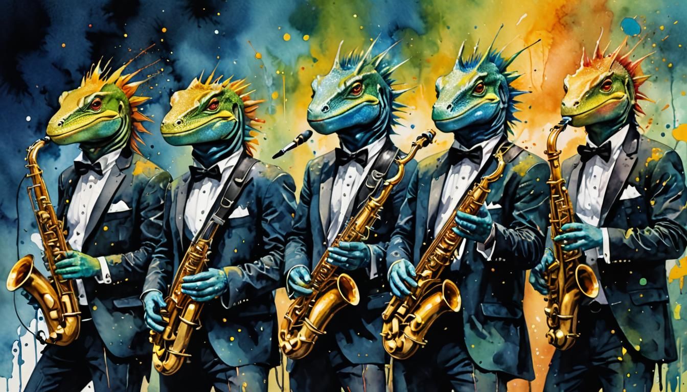 Punk Lizard Saxophonist: Watercolor Painting