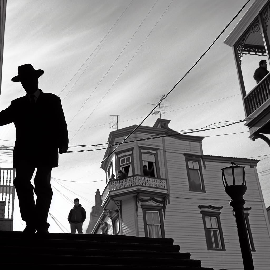 Silhouette in Valparaiso: Victorian Houses and Warm Light