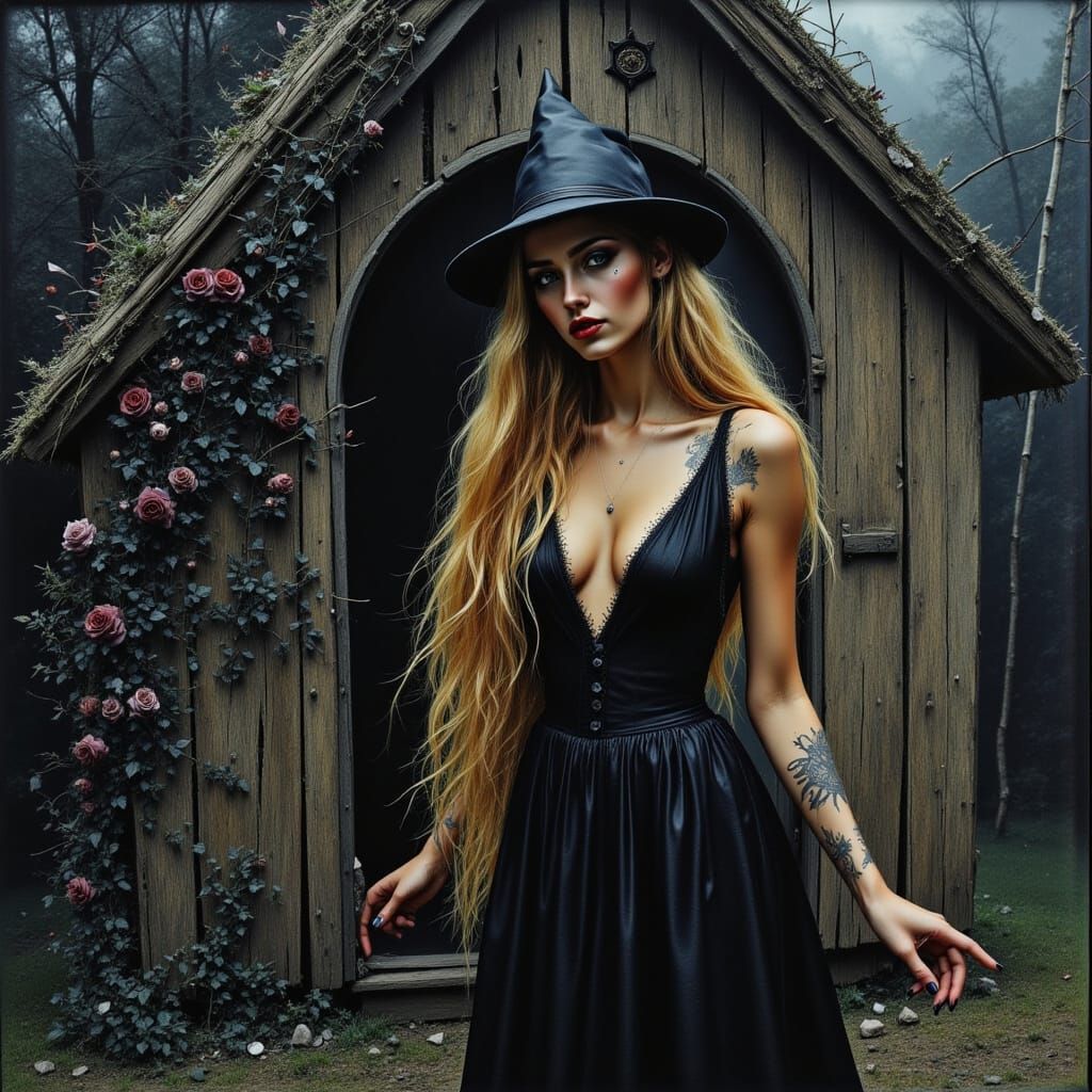 Gothic Witch Portrait with Blonde Hair and Black Roses