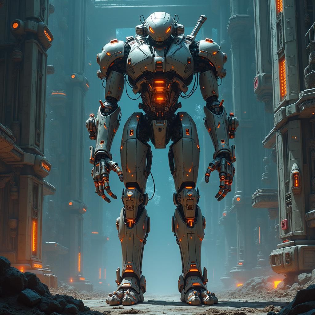 Colossal Robot in Dystopian Space Station, Detailed Digital ...