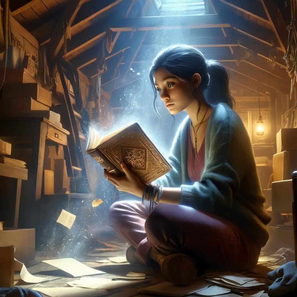 Concept art of Alex in the attic, holding the mystical journ...