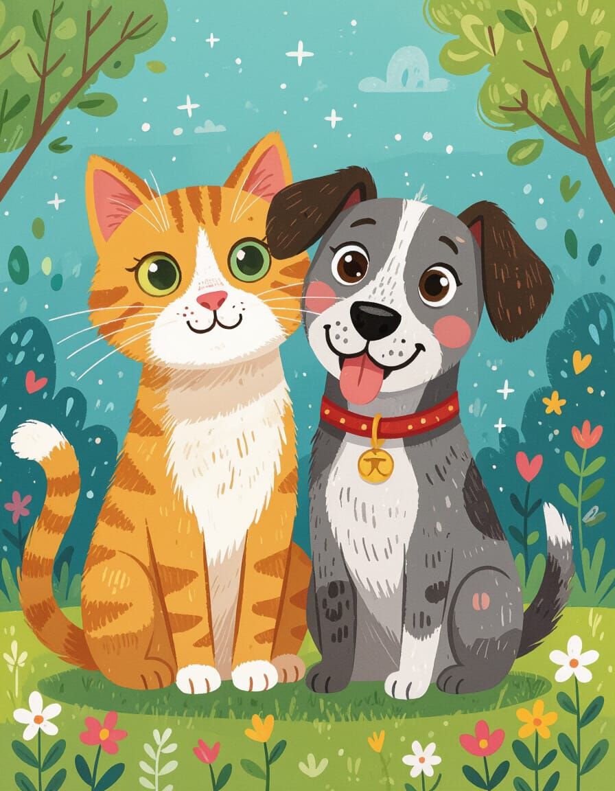 Whimsical Illustration of a Cat and Dog as Best Friends