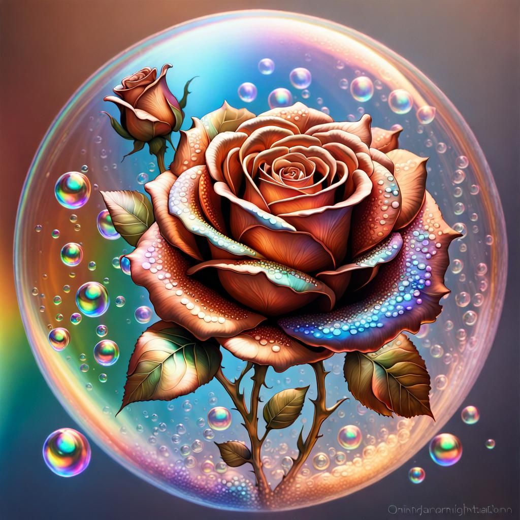 Iridescent Bubbles Encasing Copper Roses: Concept Art