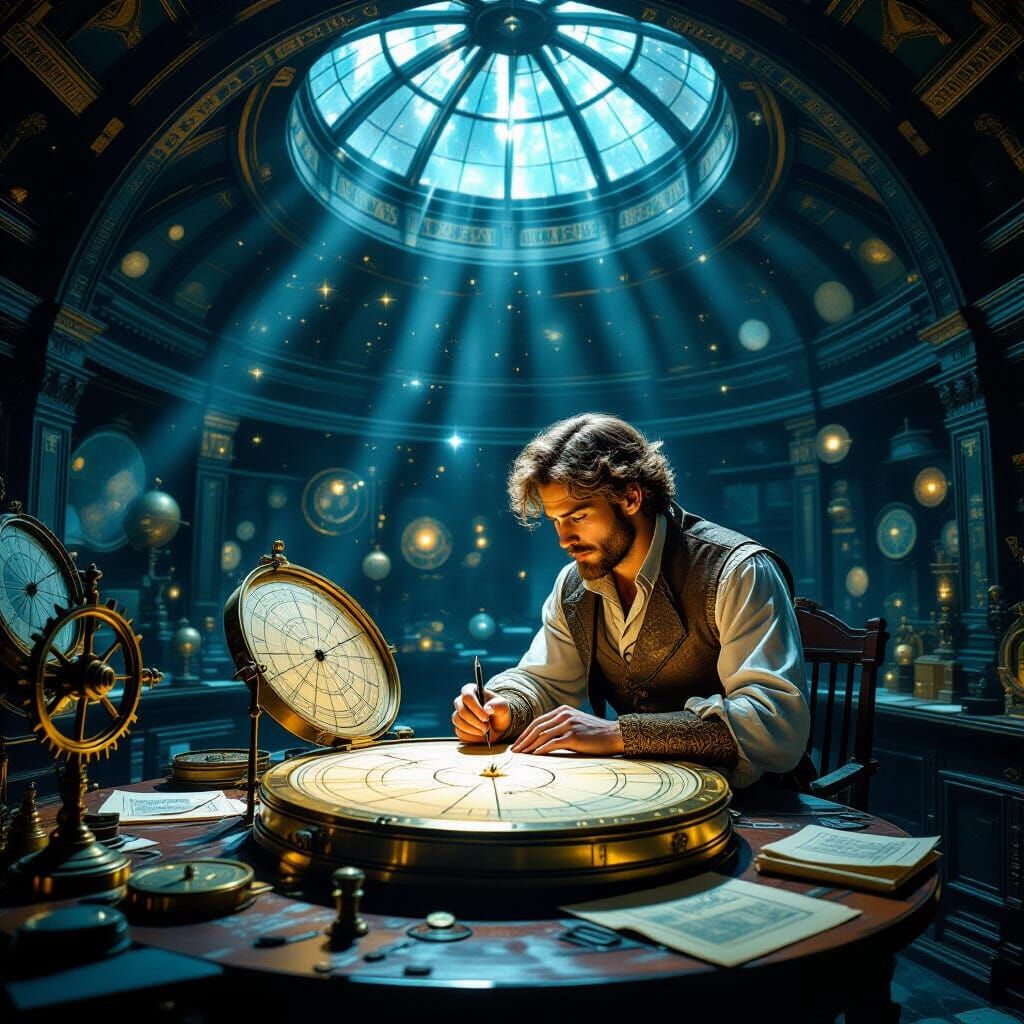 Celestial Cartographer Charts Stars on Astrolabe in Steampun...