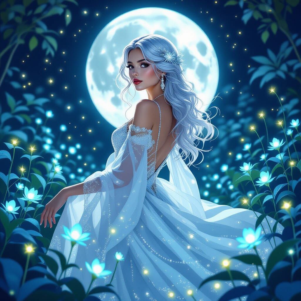 Silver-Haired Woman in Bioluminescent Art Nouveau Garden