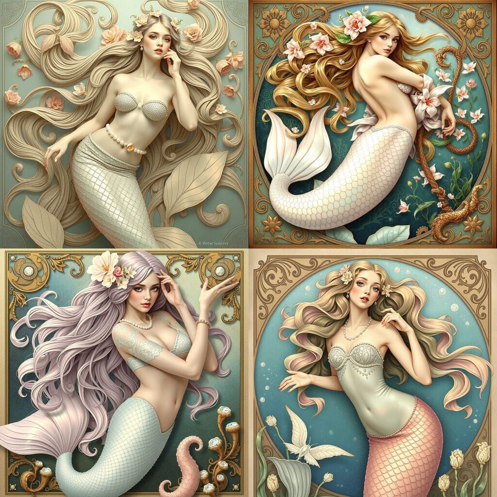 Art Nouveau Mermaid with Pearls and Sea Flora