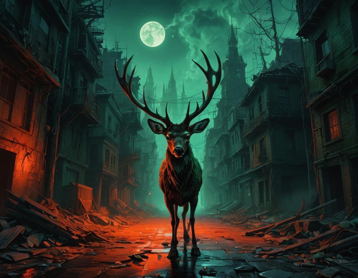 Frightened Deer in Haunted City, Hyperrealistic Style