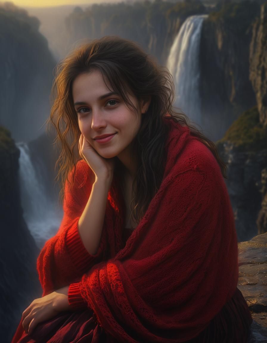 Chiaroscuro Oil Painting: Woman at Dawn Waterfall