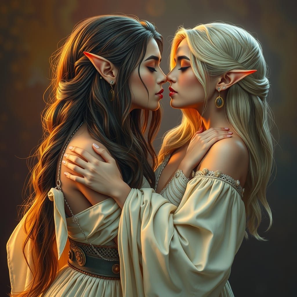 Elven Women's Tender Embrace: Hyperrealistic Portrait