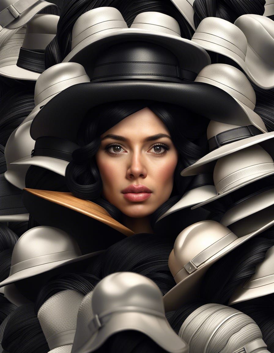 Hyperrealistic Portrait of Woman with Tower of Hats