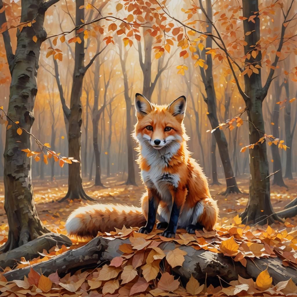 Red Fox in Autumn Leaves: Whimsical Oil Painting
