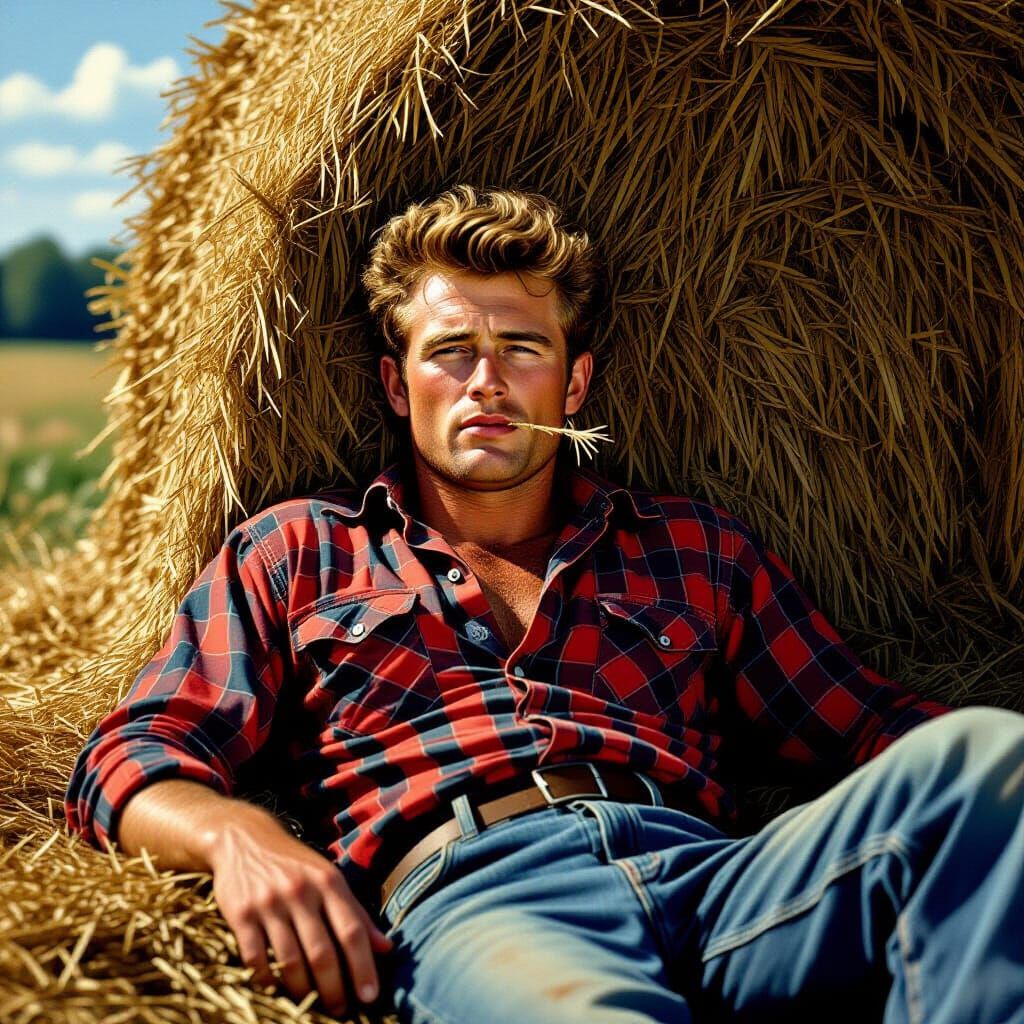 Nostalgic Americana: Man at Haystack in Rural Landscape