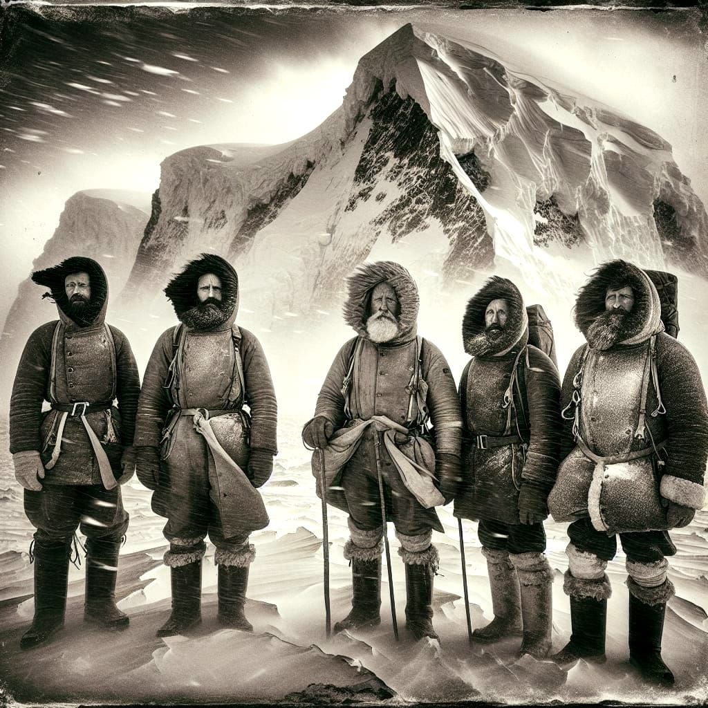 Antarctic Explorers in Faded Black and White