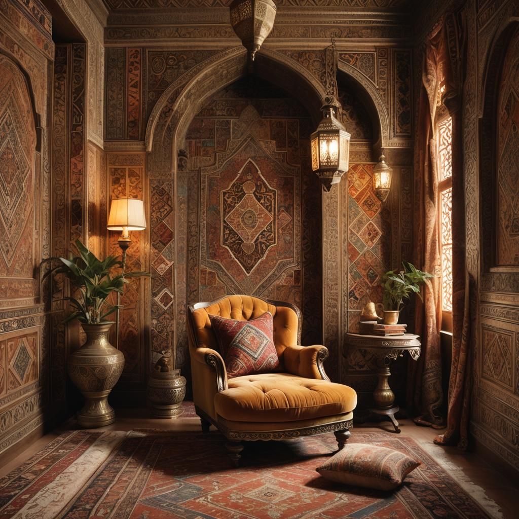 Luxurious Middle Eastern Reading Nook with Golden Light