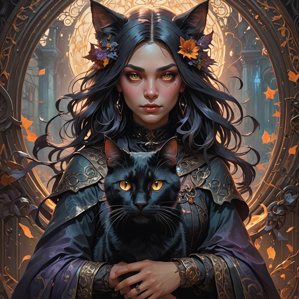 Witch and Cat Portrait in Art Nouveau Style