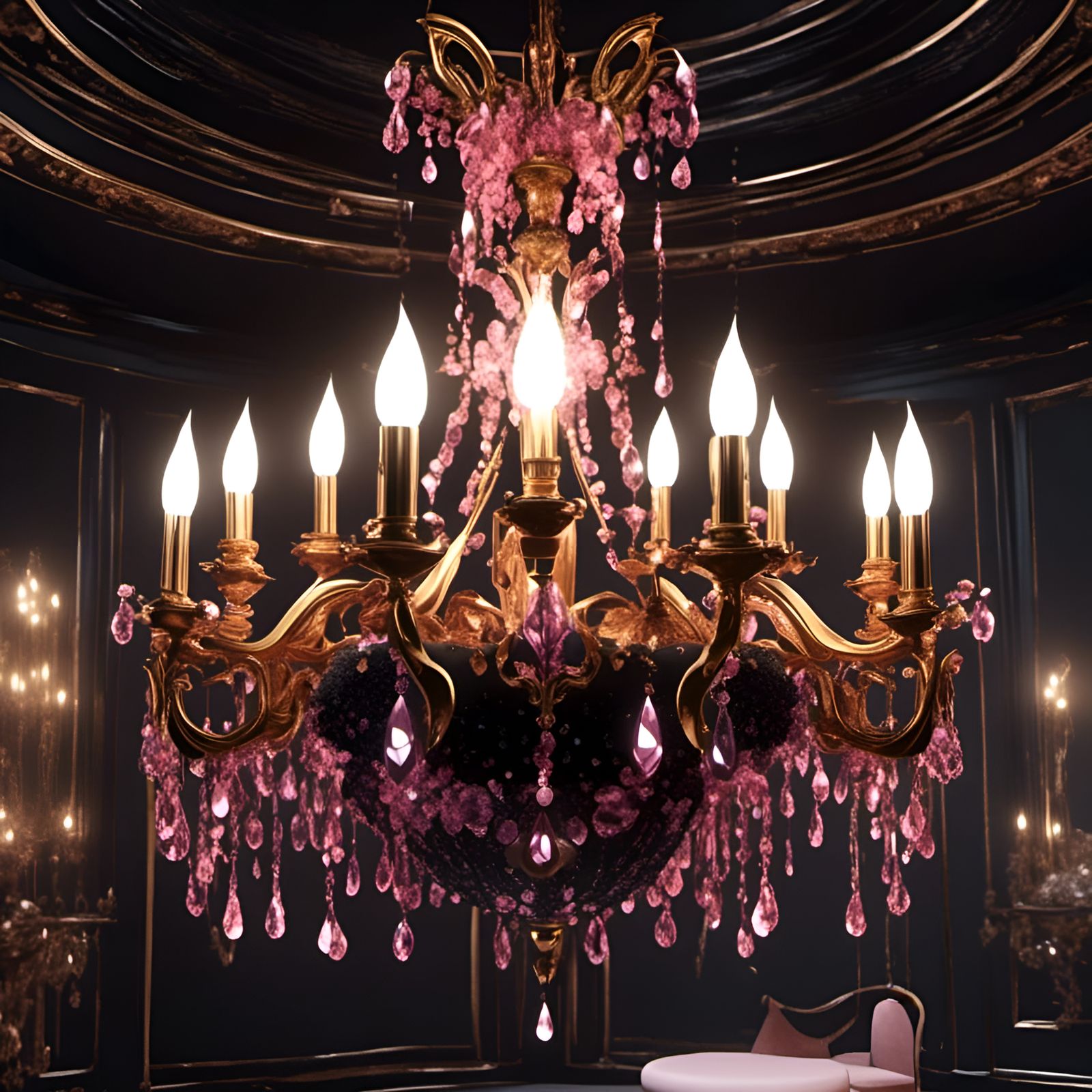 Giant Chandelier with Black and Pink Crystals in Hyperrealis...