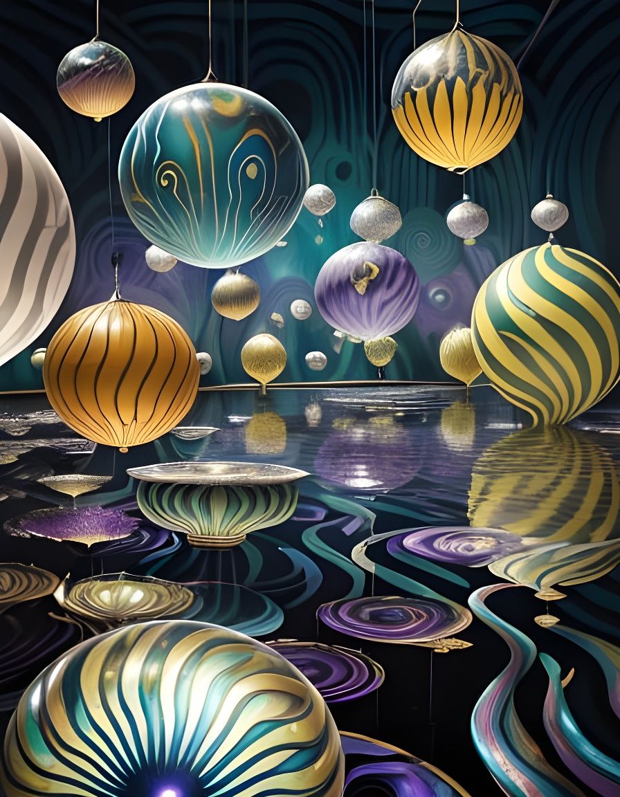 Retrofuturistic Glass Orbs in Water, a Fauvist Dream