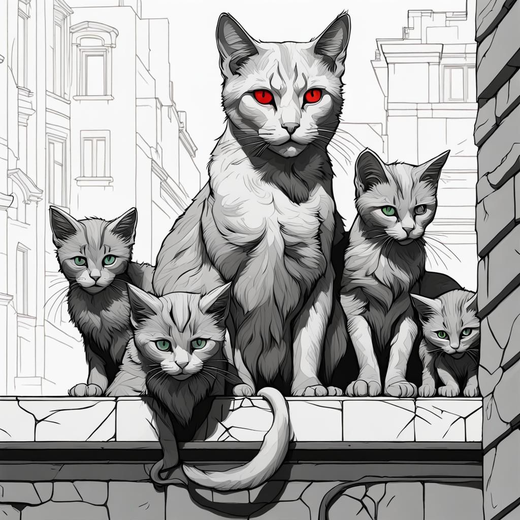 Cat and Kittens: Red Line Art Portrait