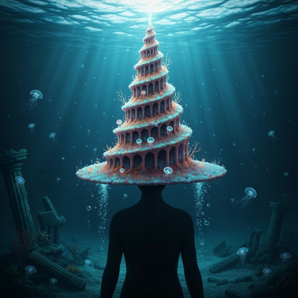 Bioluminescent Coral and Sea Glass Hat in Underwater Cathedr...