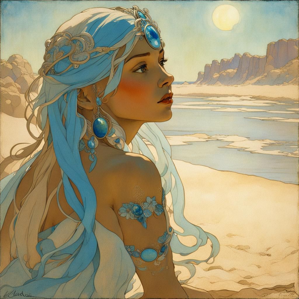 princesa Kida de la película Atlantis, piel bronceada, cabello blanco, ojos azules, de la película Atlantis en la playa ...