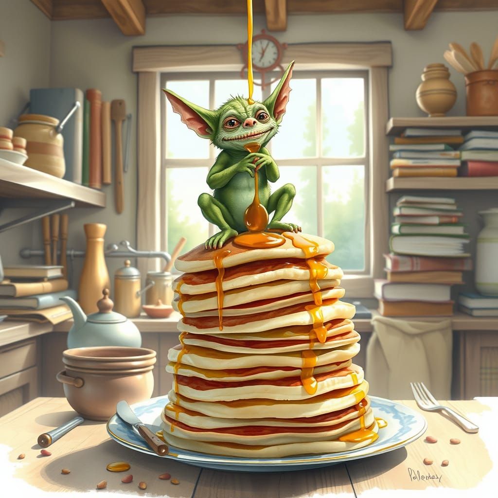 Mischievous Gremlin in Whimsical Watercolor Kitchen