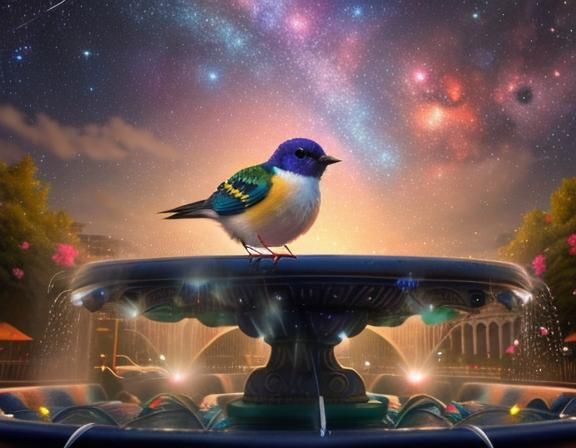 Colorful Bird on Fountain Under Starry Sky