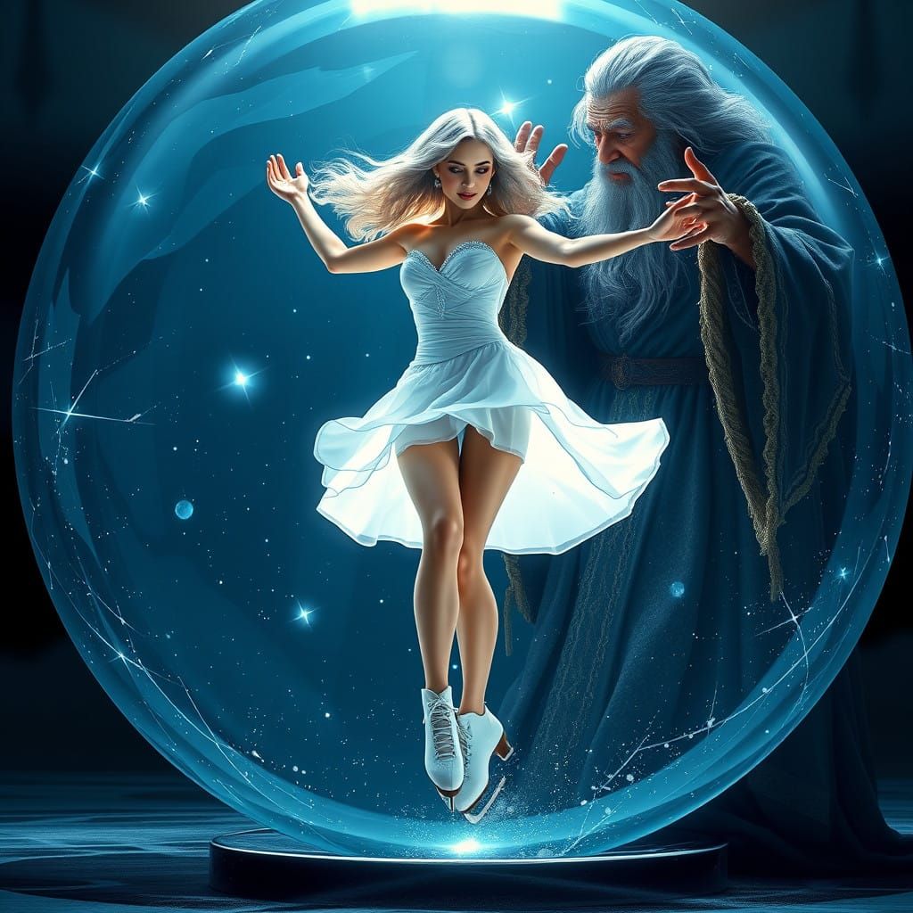Ethereal Ice Skater Dances within Crystal Ball, Radiant Glow...