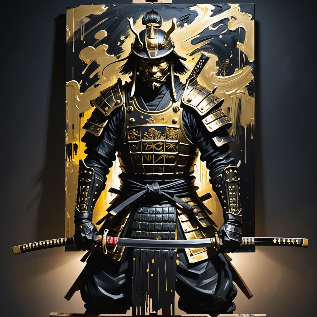 Pitch Black Samurai Painting with Golden Highlights