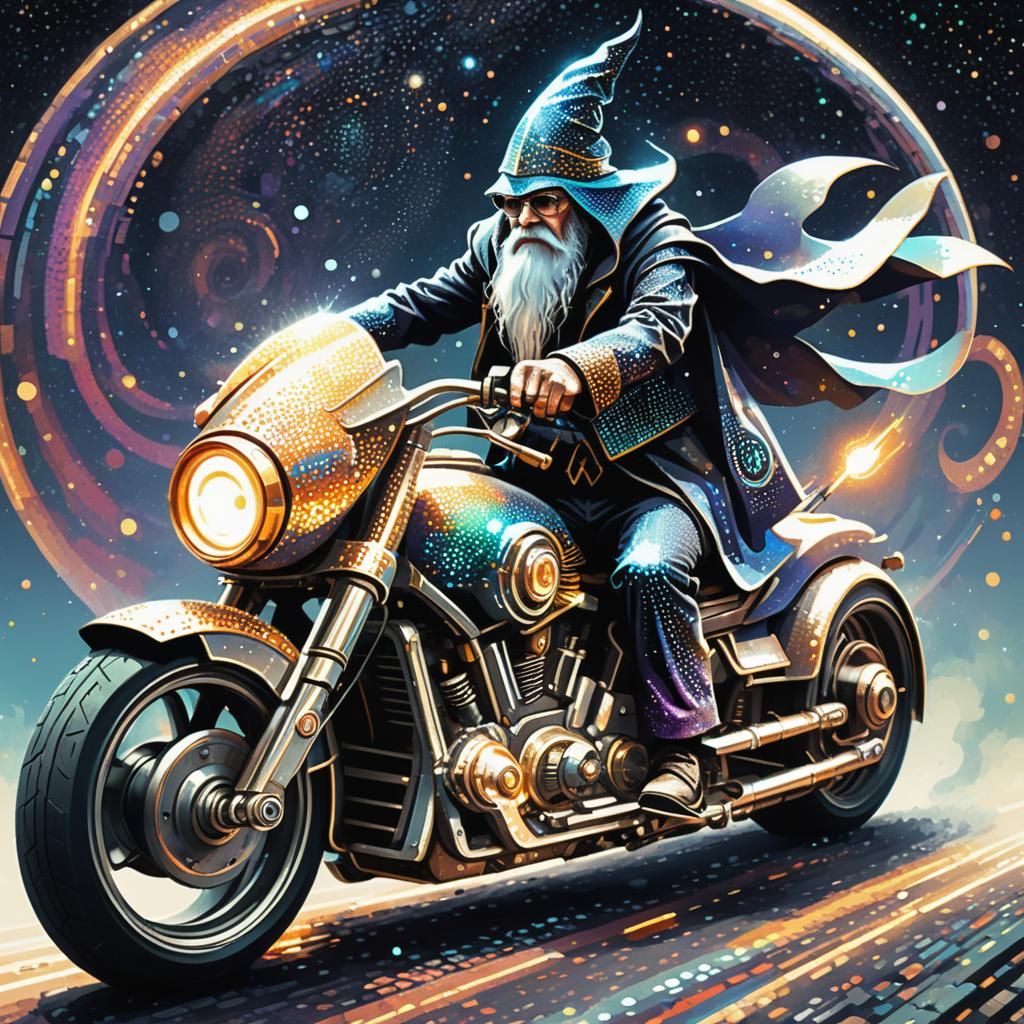 Wizard on Motorcycle in Pointillism Style