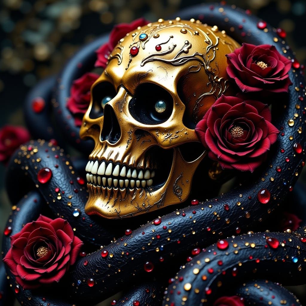 Golden Skull with Ethereal Roses and Majestic Snake