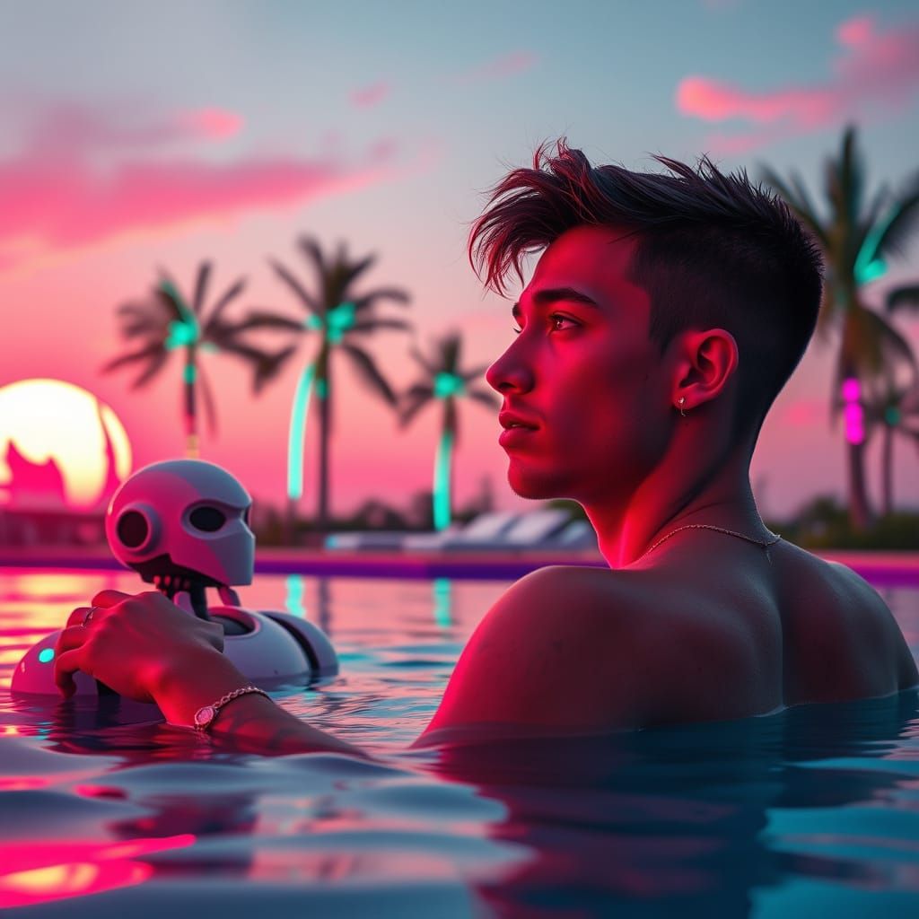 Poolside Sunset with Robot Companion in Hyperrealism Style