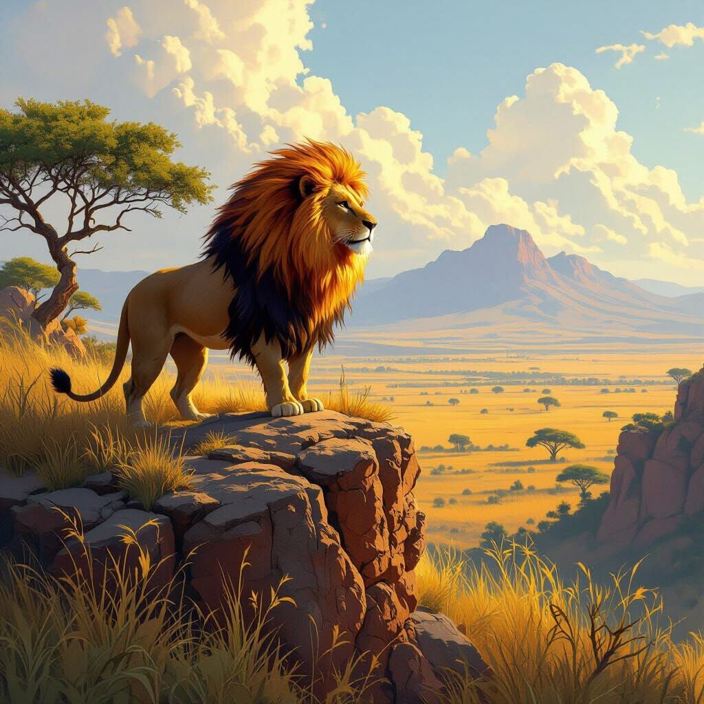 Fiery Lion Overlooking Savannah, Fantasy Concept Art