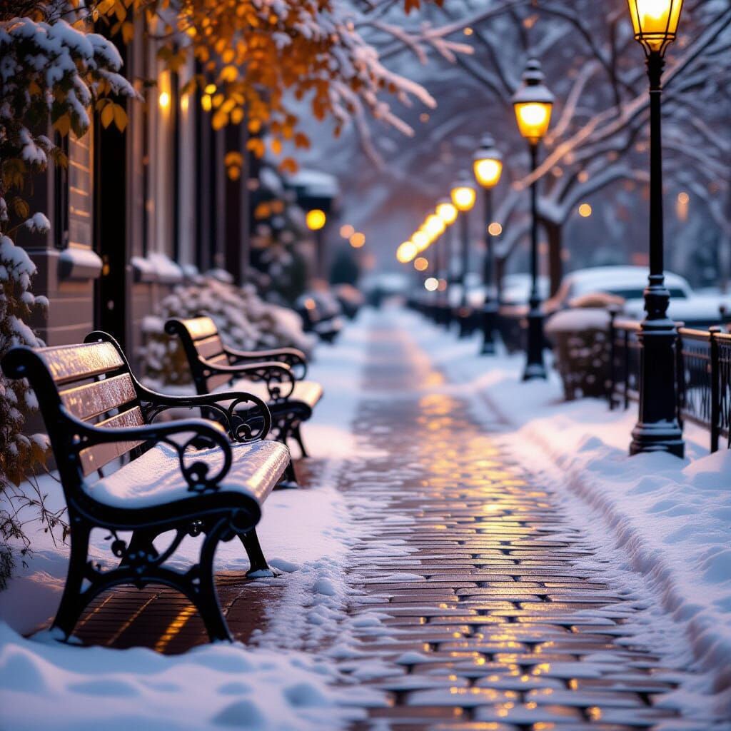Snow-Dusted Cobblestone Path with Warm Lantern Lights