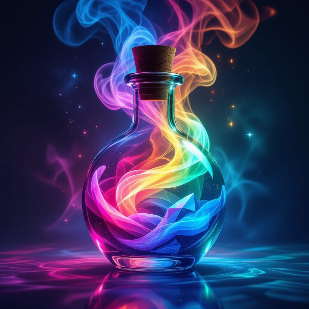 Rainbow Smoke and Crystals in Potion Bottle