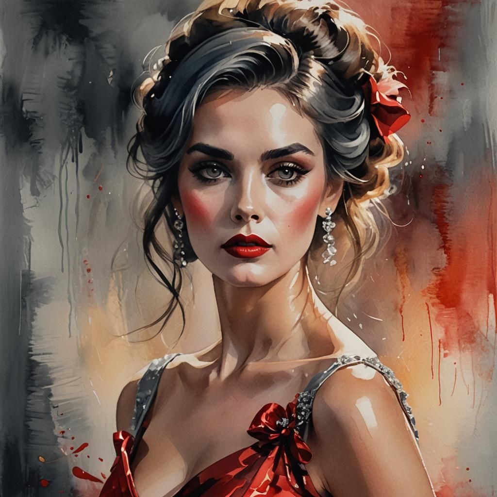 Luxury Woman in Red Dress as Gouache Painting