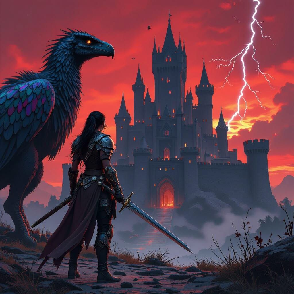 Fearless Warrior and Loyal Companion in Fantasy Art Style