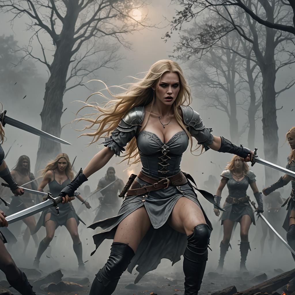 Fantasy Woman Sword Fight in Dark Art Style