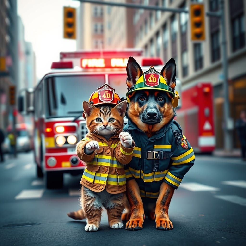 German Shepherd and Kitten Firefighters Stand Proud in Front...