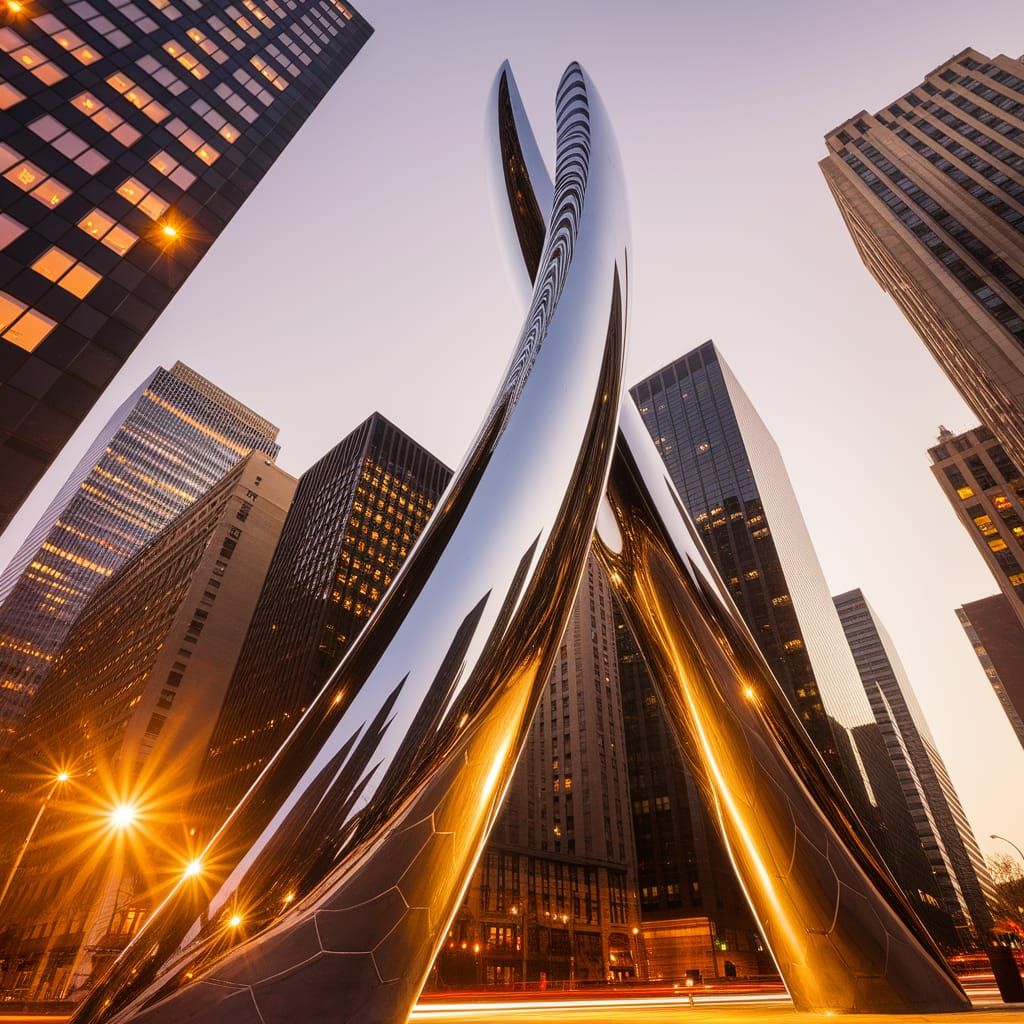 Sleek Modern Chrome Sculpture Shines in Urban Landscape
