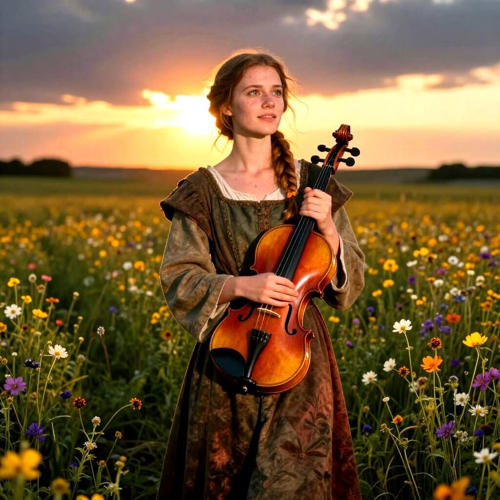 Medieval Woman with Violin at Sunset