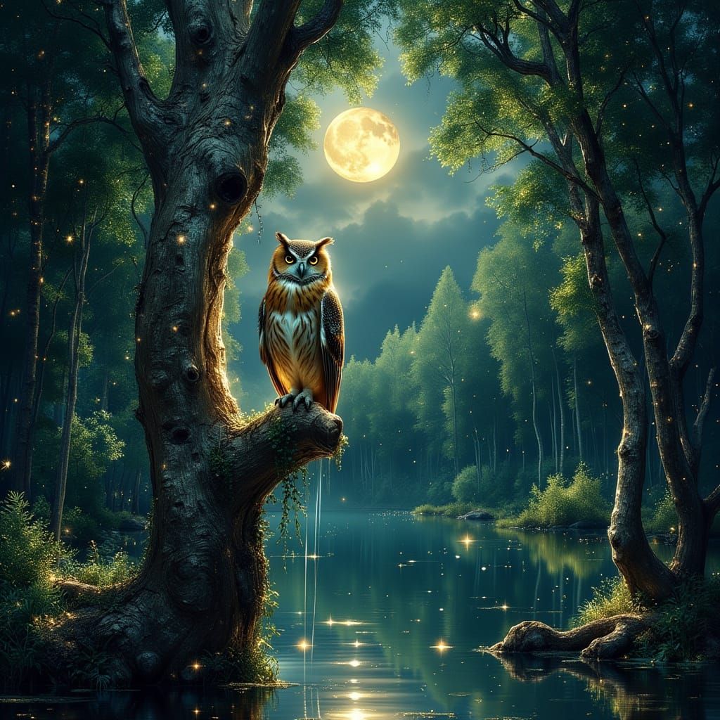 Owl Perched Under Moonlit Sky in Fantasy Art Style