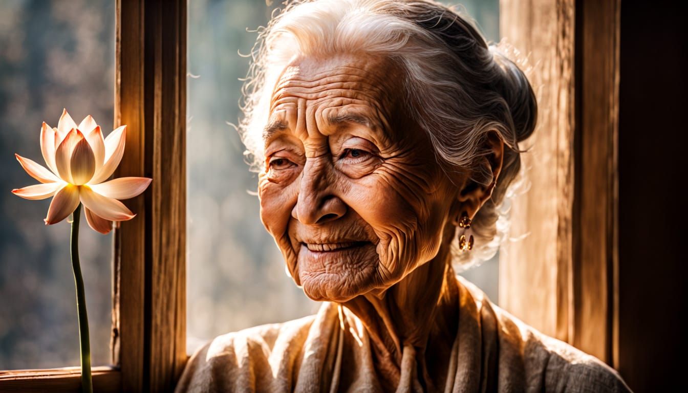 Elderly Woman with Radiant Eyes and Lotus Flower