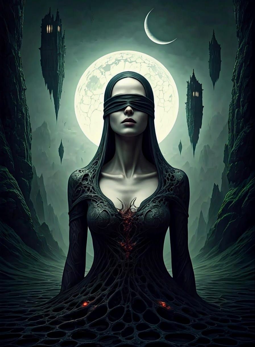 Blindfolded Figure in Decayed Landscape