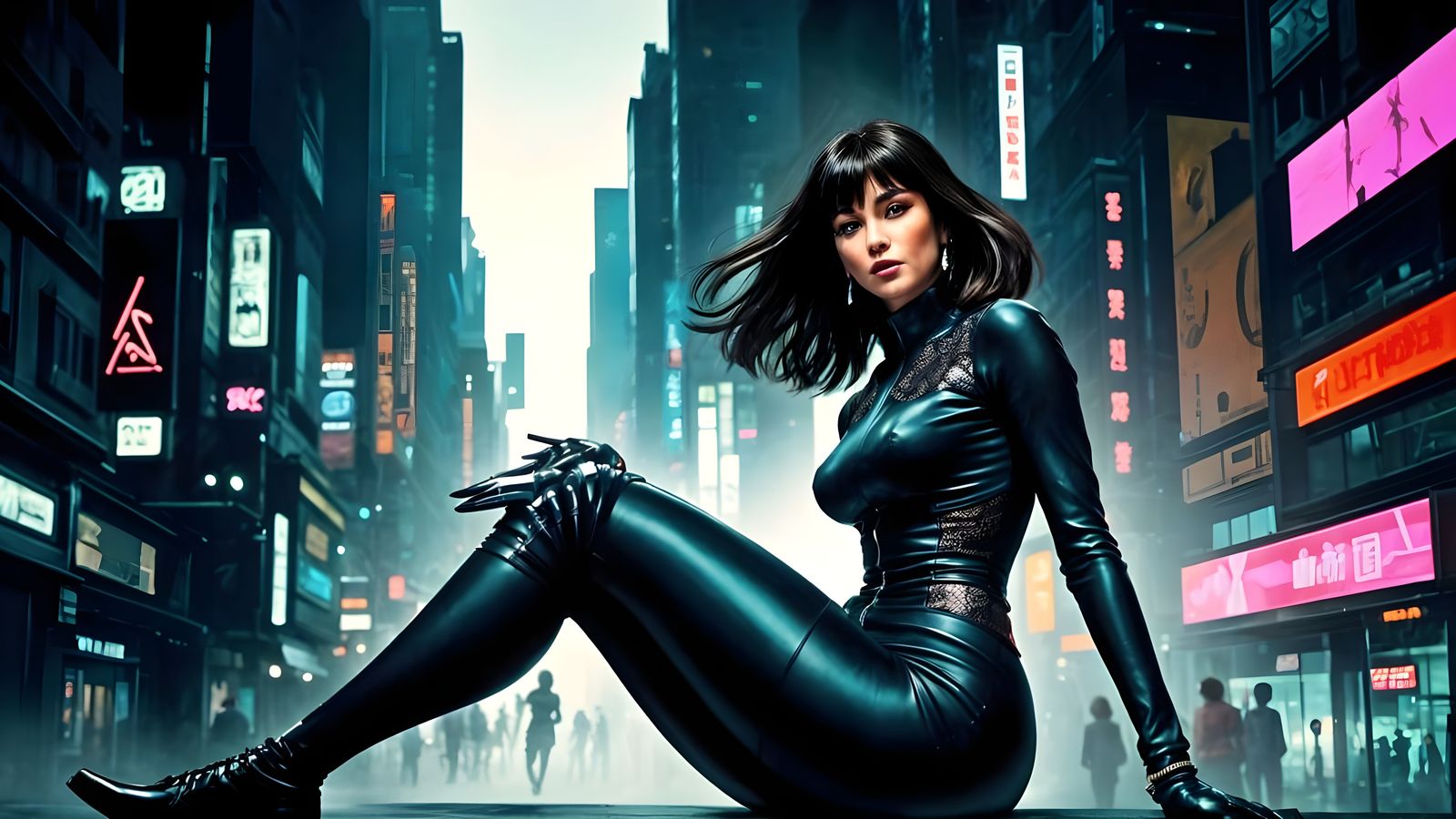 Futuristic Femme Fatale in Neon Cityscape