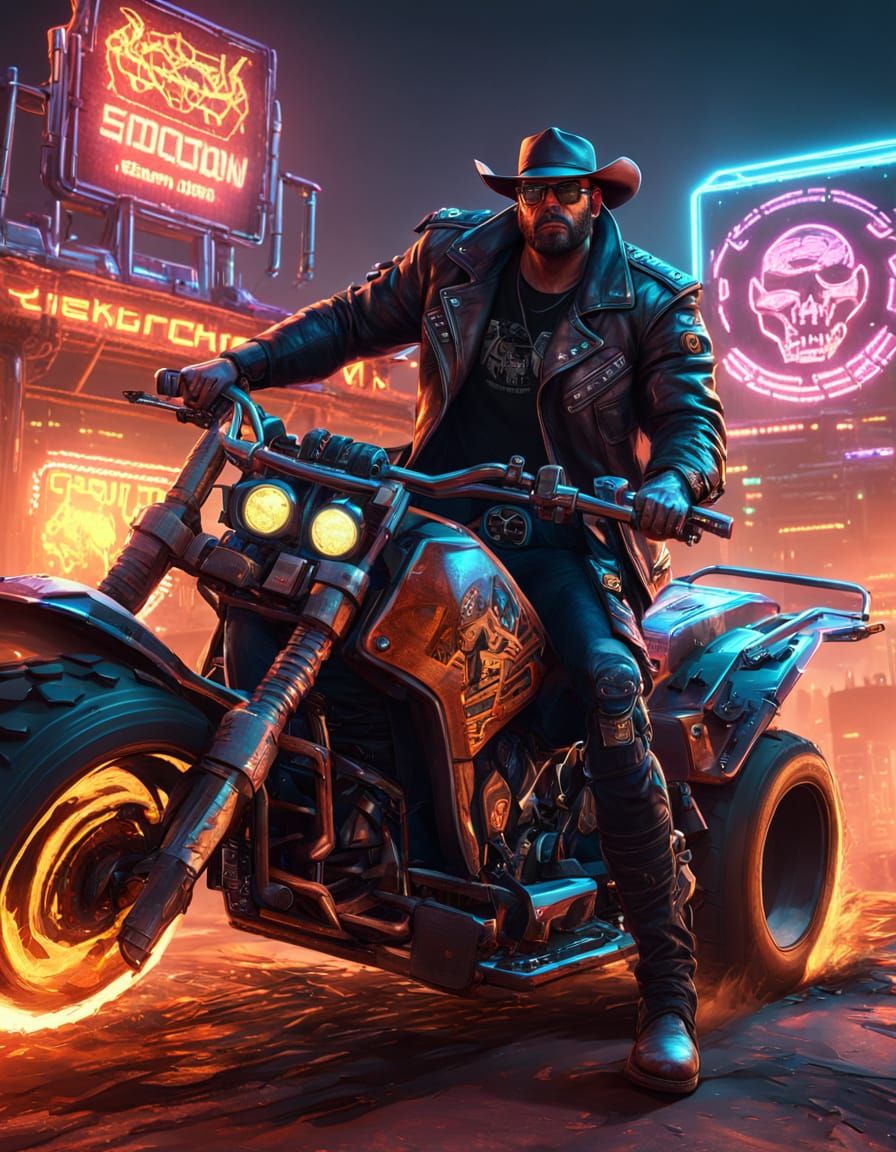 Cyberpunk Cowboy and Guitarist on Monster Truck