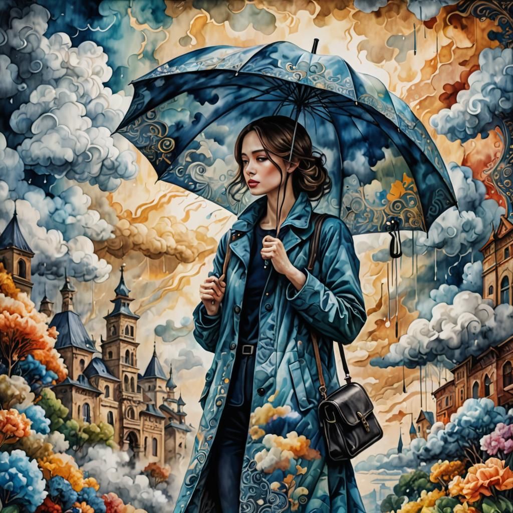 Woman in Ethereal Clouds Holding Umbrella