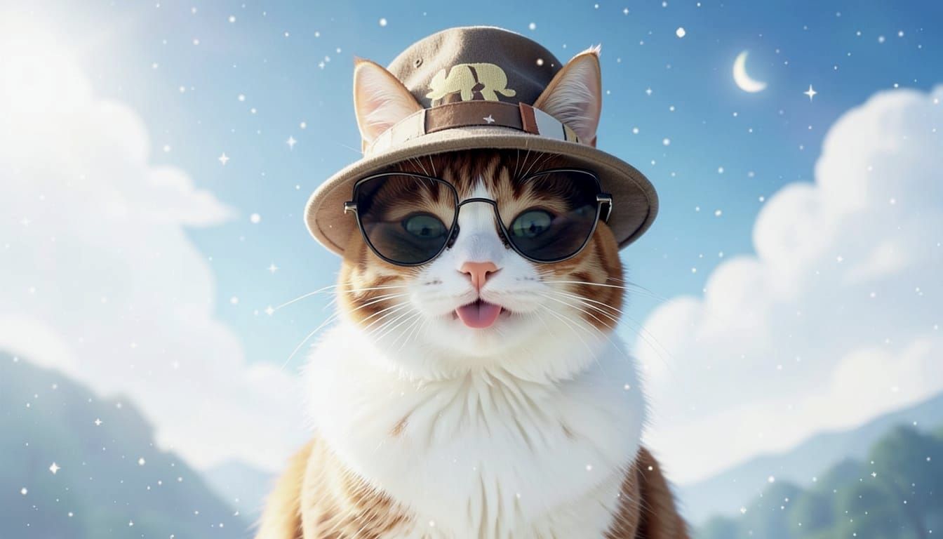 Whimsical Cat Wearing a Hat in Bright Sunlight