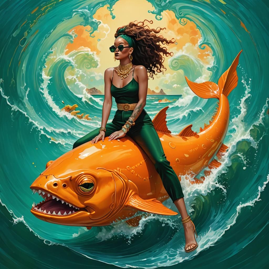 Rihanna Rides a Piranha: Surreal Beach Scene