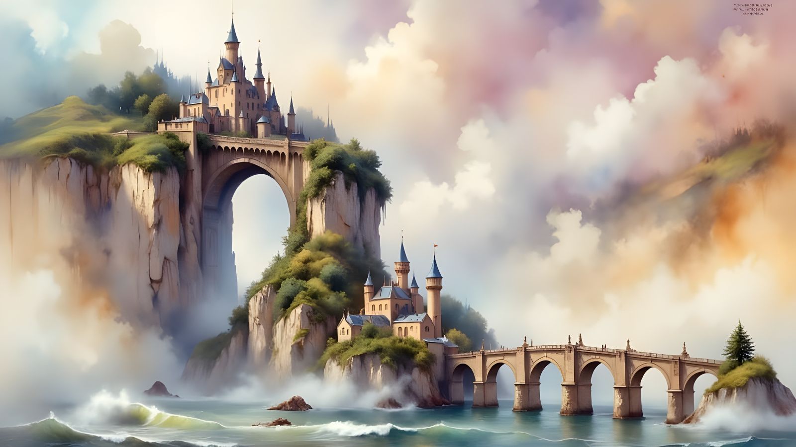 Floating Castle and Villages on Arch Bridge